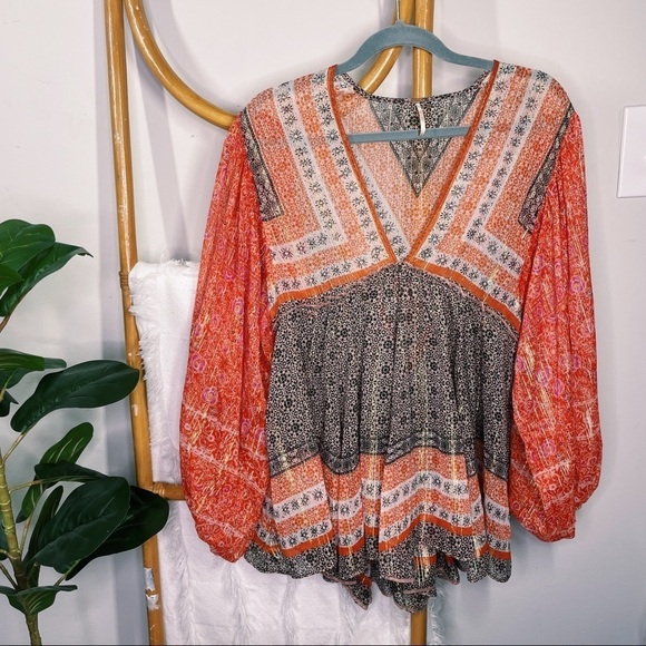 Free People Coral Boho Flowy V-Neck Blouse sz S - Picture 1 of 8